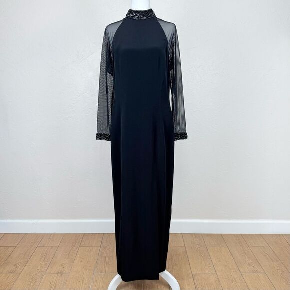 Vintage Black Tie Oleg Cassini Dress w/ Sheer Long Sleeves Beaded Detail Maxi